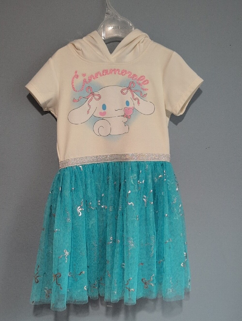 Sanrio Cinnamoroll Girls Cream and Teal Hooded Tulle Dress Size M